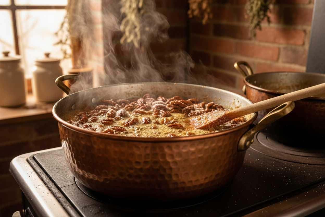 Candied Pecans cooking in a copper kettle with steam coming out