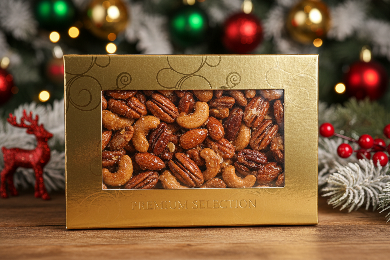 Generate a 1lb box of mixed glazed nuts (Pecans, Almonds, and Cashews), in a festive setting. The box should be gold with a window, we should focus on the nuts, not the people in the setting. The nuts should look freshly glazed and delicious