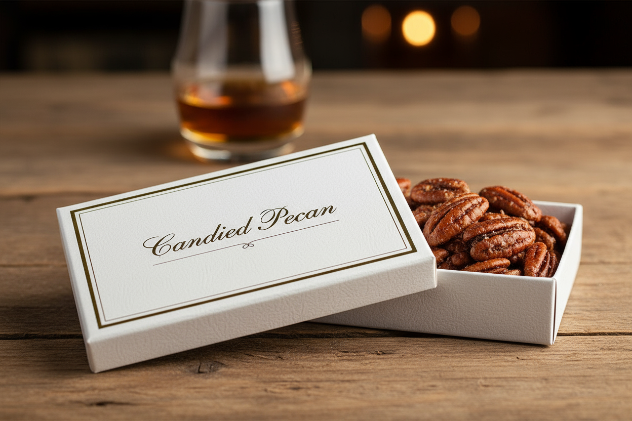 Give me a box of bourbon pecans in a sees candy white box with our brand name "candied Pecan" on a the lid of the box. The box should be on a wooden table with a blurry glass of bourbon in the background
