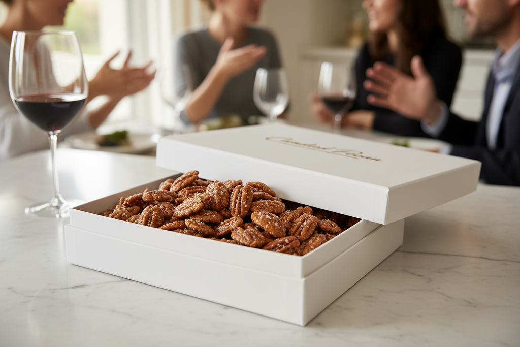 Give me a box of sweet and salty praline pecans on a white kitchen counter, a glass of red wine in the background, and people blurry in the background (as if we're at a dinner party). The box should be twice the size of a sees candy box. It is a white buttom and white lid, it is elegant with our log on the lid "Candied Pecan"