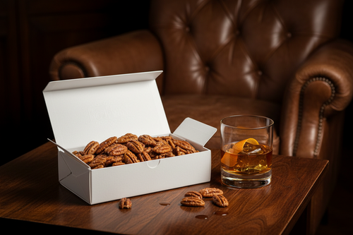 Give me an elegent white candy box full of bourbon pecans on a dark wood table with a glass of bourbon on the table and a leather chair in the background